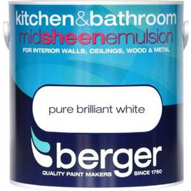 Berger Kitchen & Bathroom Emulsion Paint - Brilliant White, 2.5L, White
