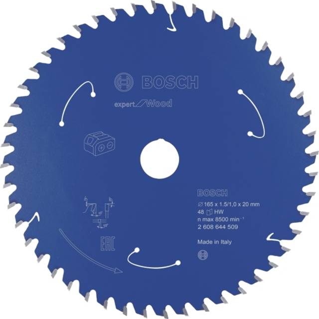 Bosch 1x Cirkelsågblad Expert for Wood (för trä, 165 x 20 x 1,5 mm, 48 tänder, tillbehör batteridriven cirkelsåg)