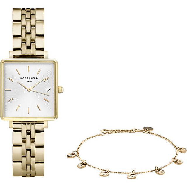 Rosefield Boxy Boxed Set White Sunray Dial Gold IP Watch with Liquid Drop Gold IP Bracelet., Gold, Women