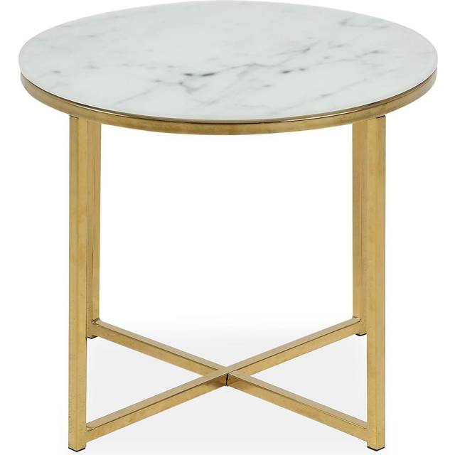 Indoor Furniture Group Furniture To Go Alisma Round Side Table with White Crystal Clear Marble Glass Top & Gold Legs, White