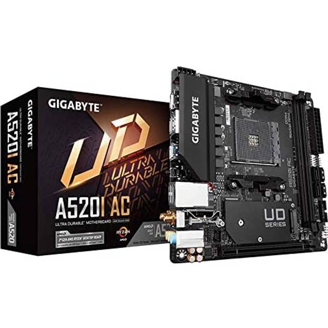 GIGABYTE A520I AC Motherboard - Supports AMD Ryzen 5000 Series AM4 CPUs, 6 Phases Digital VRM, up to 5300MHz DDR4 (OC), 1xPCIe 3.0 M.2, WIFI, GbE LAN, USB 3.2 Gen1