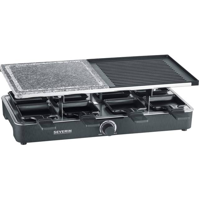 SEVERIN raclettegrill med naturlig grillsten och grillplatta, raclette med non-stick grillplatta och 8 pannor, bordsgrill för 8 personer, max. 1300 W, svart, RG 2371, RG 2371