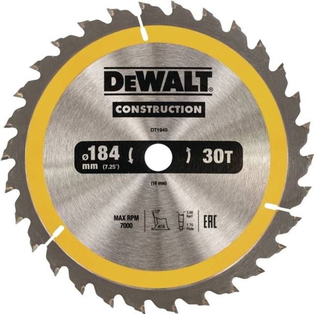 DeWalt DT1940-QZ Construction Circular Saw Blade 184 x 16mm x 30T