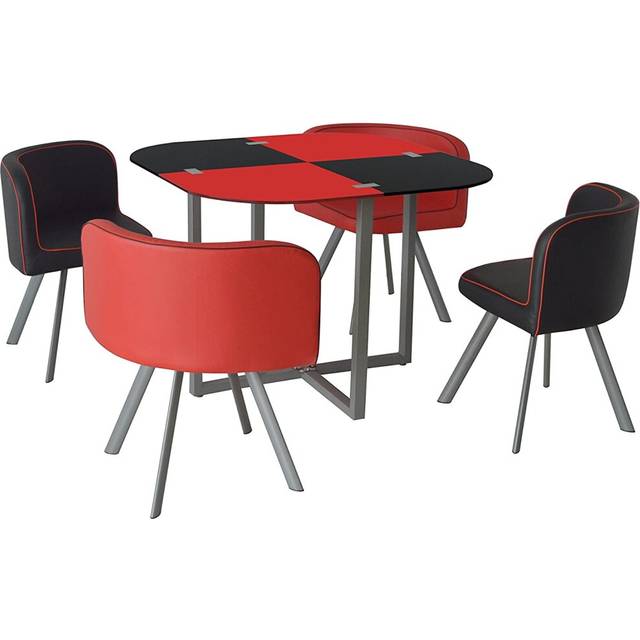 Red Black GLASS DINING TABLE with 4 FAUX LEATHER CHAIRS,SPACE SAVER