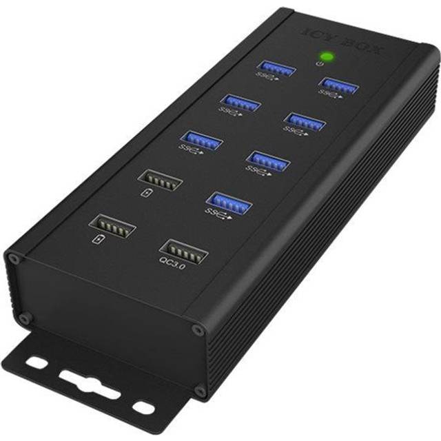 ICY BOX 7-Port USB 3.0 HUB aktiv med nätadapter (12V/5A), 3 laddningsportar, väggmontering, Quick Charge 3.0, aluminium, IB-HUB1703-QC3