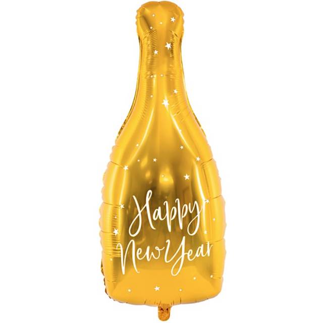 PartyDeco Foil Ballons Bottle Happy New Year Gold/White