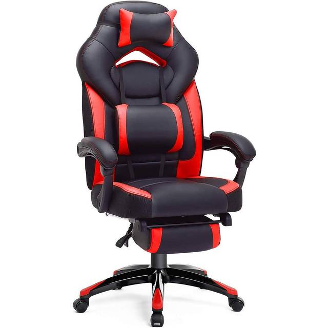 SONGMICS Gamingstol, kontorsstol med fotstöd, skrivbordsstol, ergonomisk design, justerbart nackstöd, ländryggsstöd, kan belastas upp till 150 kg, svart-röd OBG77BR