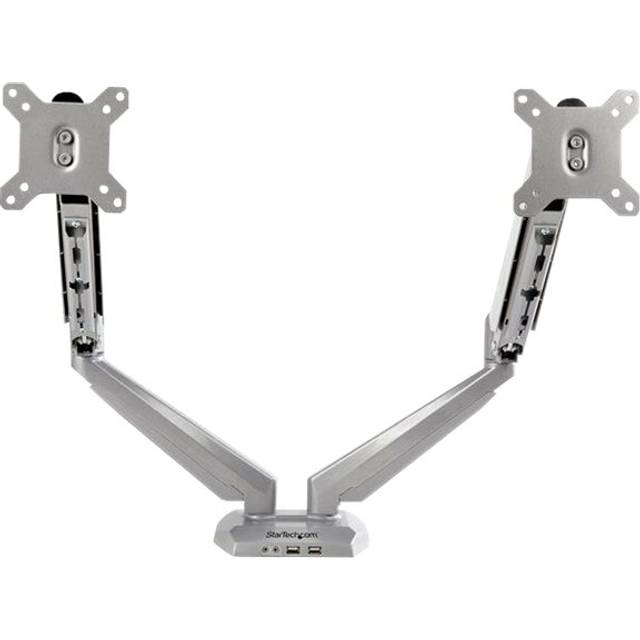 StarTech.com Desk Mount Dual Monitor Arm with USB & Audio - Desk Clamp VESA Mount for up to 32 inch Displays - 2x USB 2x 3.5mm audio - Ergonomic Full Motion Dual Monitor Arm - Silver