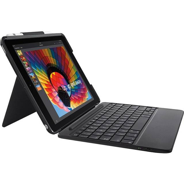 Logitech Slim Combo iPad-fodral med avtagbart bakgrundsbelyst trådlöst Bluetooth-tangentbord, för iPad 5:e och 6:e generationen (modeller: A1893, A1954, A1822, A1823), lång batteritid, QWERTY brittisk layout – svart