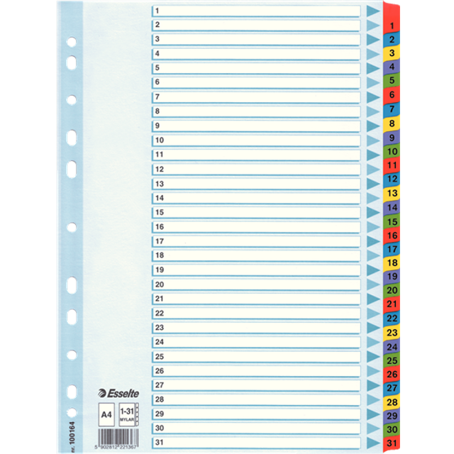 Esselte Avdelare, A4, polypropylen, 1–31-flikuppsättning, olika färger