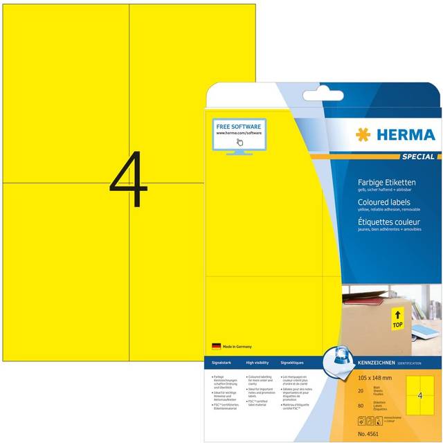 Self Adhesive Coloured Labels, 4 Labels per A4 Sheet, 20 Sheets, 105 x 148 mm, 80 Labels, Blank Removable Colour Labels Stickers, Sticky Labels for