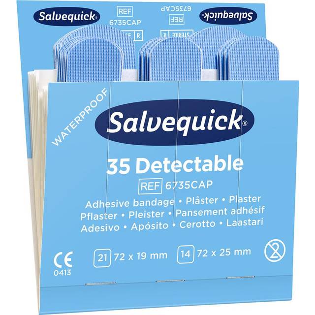 Salvequick blue detectable plasters for pilfer proof dispenser. 1 pack of 35.