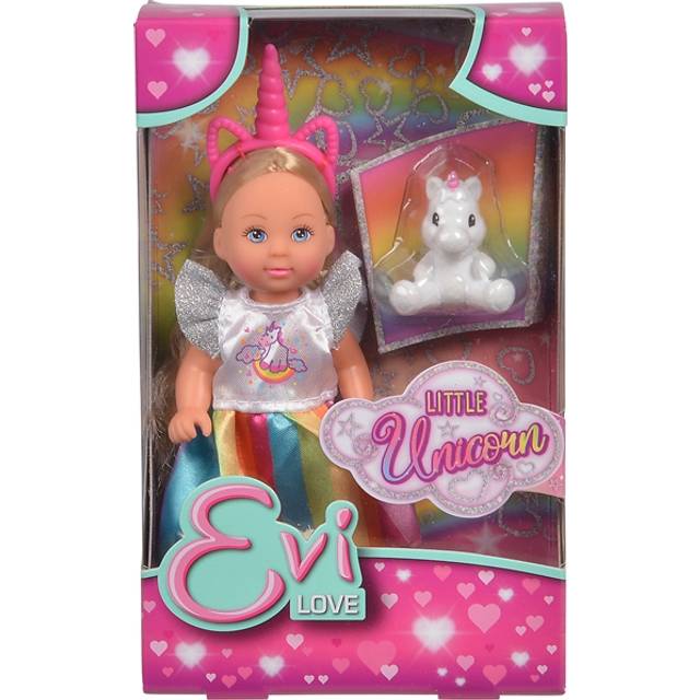 105733425 Evi Love Little Unicorn, Doll in a Cute Rainbow Dress with Unicorn Headband and Cuddly Toy, 12 cm Toy Doll, from 3 Years