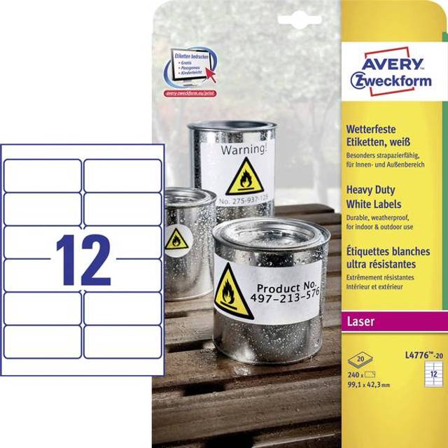Avery White 99.1 x 42.3 mm Self Adhesive Laser Heavy Duty Labels - 12 Per Page - 20 Sheets (L4776-20)
