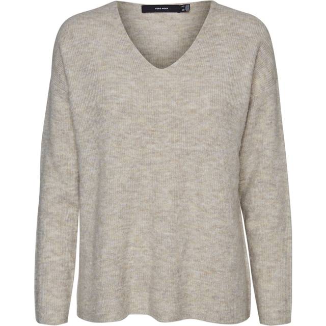 Textured Knit Jumper with V-Neck - Light Beige - M