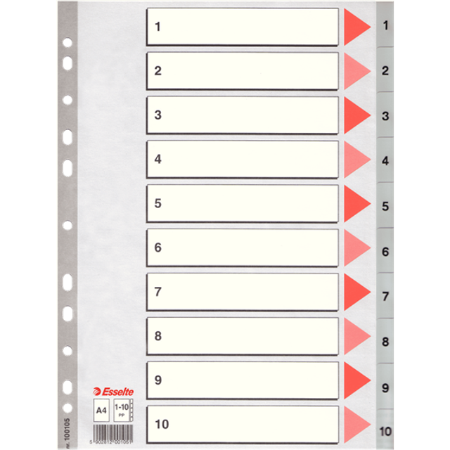 Esselte Register, A4, 1–10, 11 Hål, Polypropen, Grå/Röd, 100105