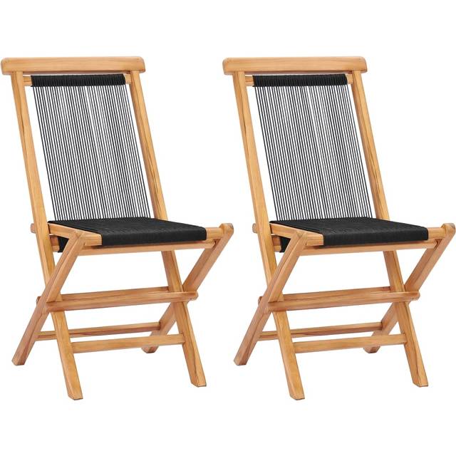 vidaXL Folding Garden Chairs 2 pcs Solid Teak Wood and Rope - Black