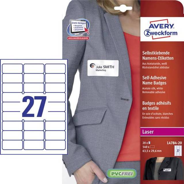 Avery White 63.5 x 29.6 mm Self Adhesive Laser Self Adhesive Name Badge Labels - 27 Per Page - 20 Sheets (L4784-20)