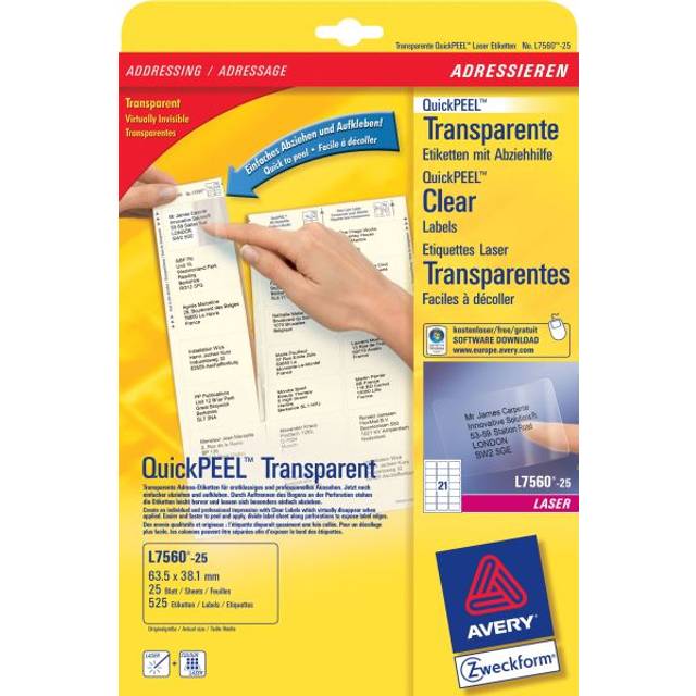 Etiketter | 63,5 x 38,1mm | transparent | Avery L7560-25 | 525st