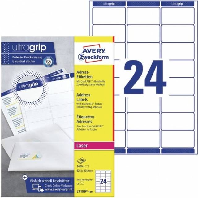 Avery JamFREE, Utskrivbara, adressetiketter, anpassningsbara, 63,5 x 33,9 mm, vit, 24 etiketter per ark, 2 400 tomma etiketter per förpackning (L7159-100)