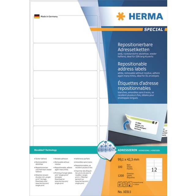 Self Adhesive Removable Labels, 12 Labels per A4 Sheet, 100 Sheets, 99.1 x 42.3 mm, 1200 Labels, Blank Multipurpose Labels Stickers, Sticky Labels for