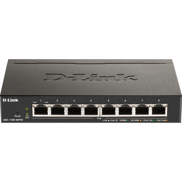 D-Link DGS-1100-08V2/E 8-Portars Gigabit Smart Managed Switch med VLAN support, lager 2-funktioner, QoS, 802.3az EEE, Fläktlös