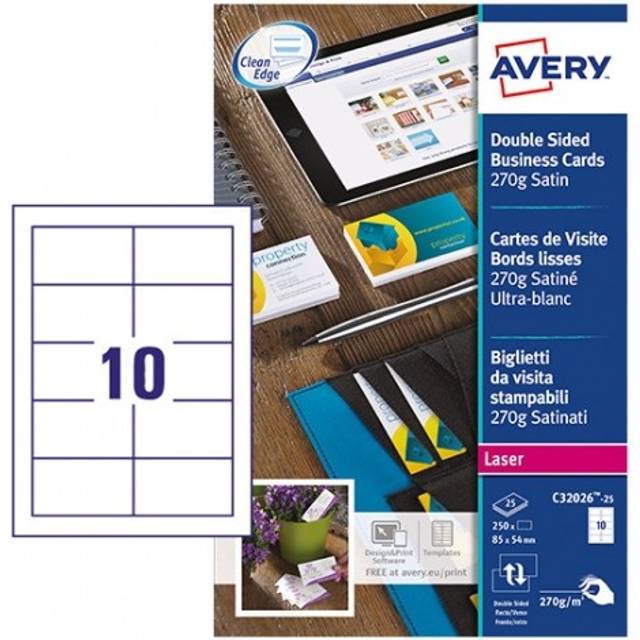 AVERY Zweckform C32026-25 premium visitkort, blanka (250 stycken, 270 g, 85 x 54 mm, tryckbara på båda sidor, satinerad ultravit, helt släta kanter, 25 ark) för självtryck på laserskrivare