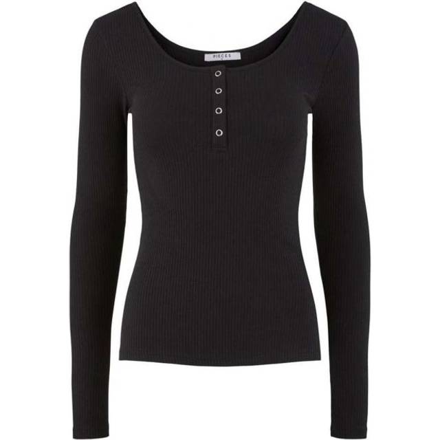 Pieces Button Front Ribbed Top - Black