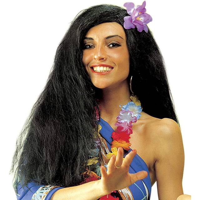 Hawaiian W/ Flower Wig For Fancy Dress Costumes & Outfits Accessory - Hair -  wig hair black hawaiianhawaiian long orchid 6008 longhair ladies flower