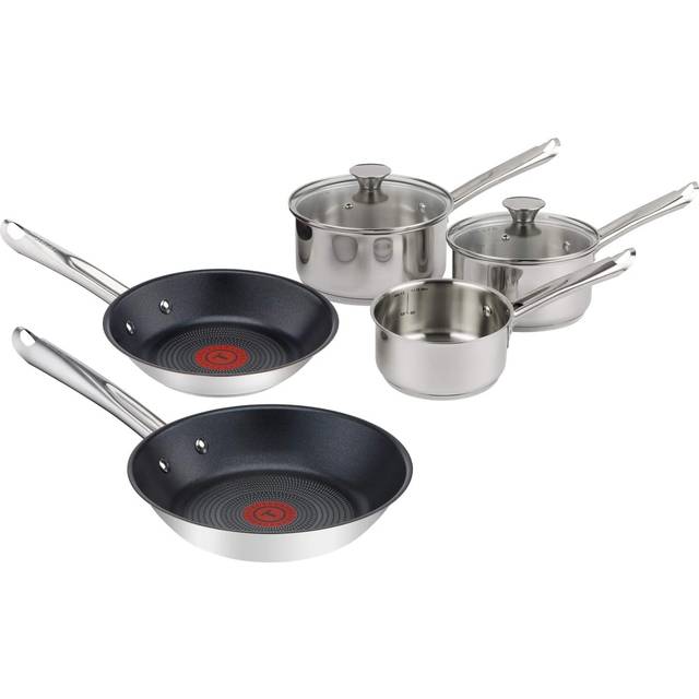Tefal Elementary 5 Piece Set with 14 cm Milk 16/18 cm Saucepans with Lids and 20/24 cm Frying Pans, Stainless Steel, Silver