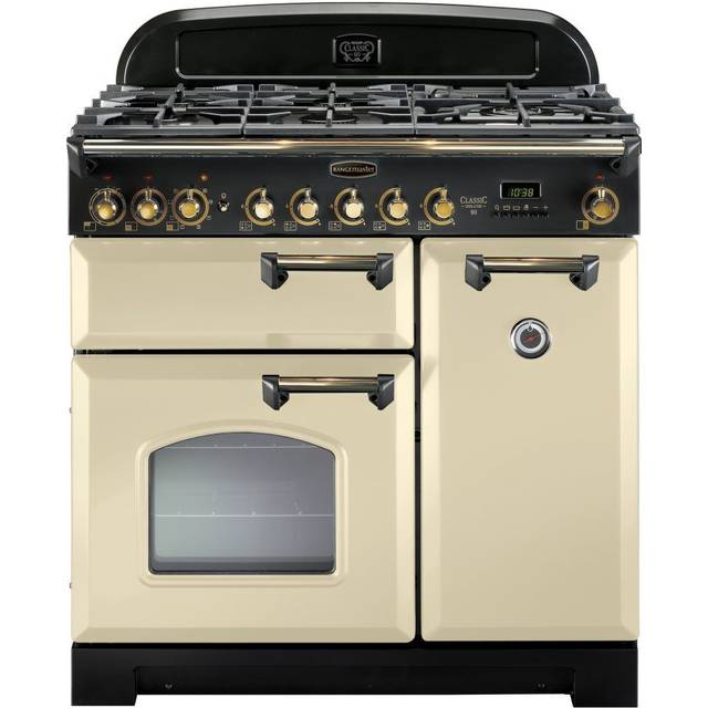 Rangemaster Classic Deluxe CDL90DFFCR/B 90cm Dual Fuel Range Cooker - Cream / Brass - A/A Rated