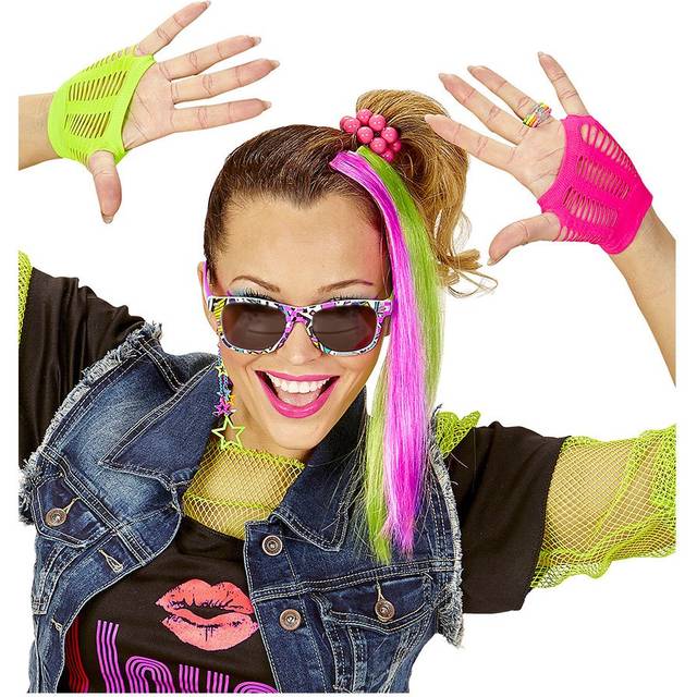 80's girl set - 2 neon hair extensions, earring, gloves & glasses - costume