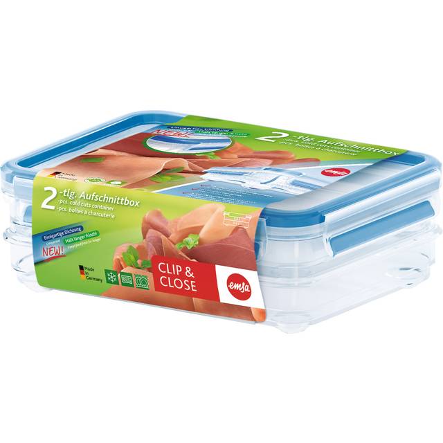 Emsa 513576 Clip & Close stacking boxes, 22.7 x 16.7 x 8 cm, 2 x 0.6 l, transparent/blue