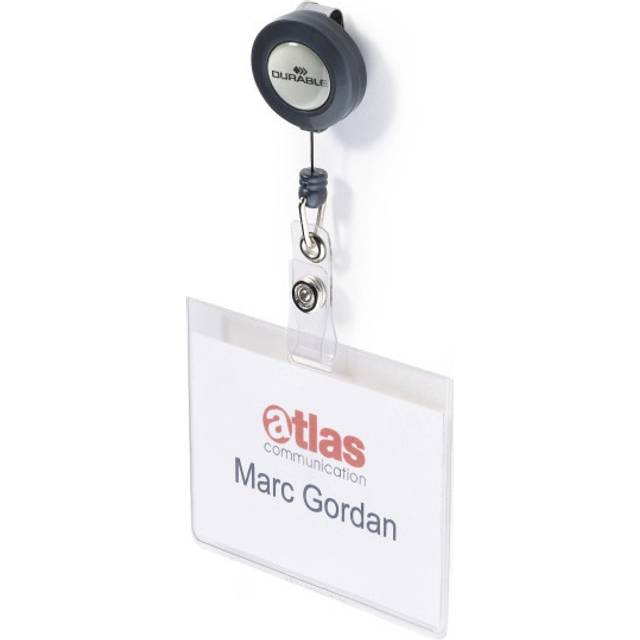 Durable Badge Reel Name Tag ID Card Holders + Inserts, 10 Pack, 60 x 90mm - Transparent