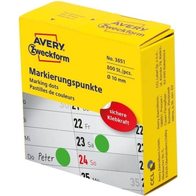 AVERY Zweckform 3851 self-Adhesive Marker dots (Diameter 10 mm, 800 Adhesive dots on a roll in Dispenser, Round Stickers for Calendar, Planners and
