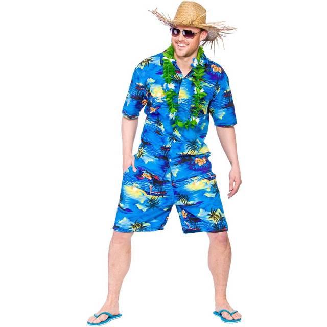 Blue Palm Hawaiian Party Guy Luau Shirt Shorts Fancy Dress - L