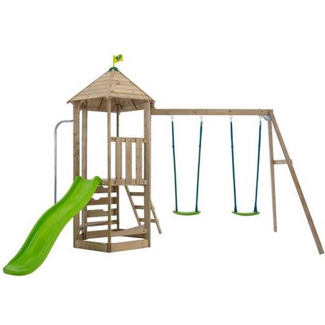 Castlewood climbing frame with Double Wooden Swing Arm & 1.8m Wavy Slide - FSC certified