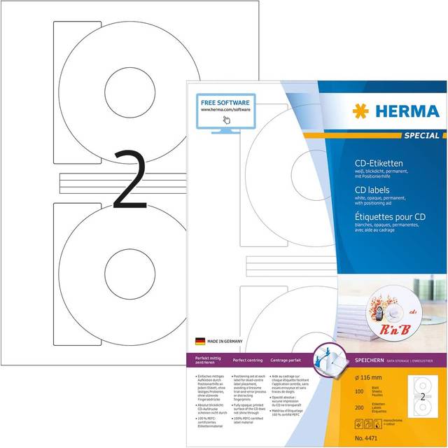 HERMA 4471 116mm Colour Laser Paper Round CD Labels - Matte White (200 Labels, 2 per Sheet)