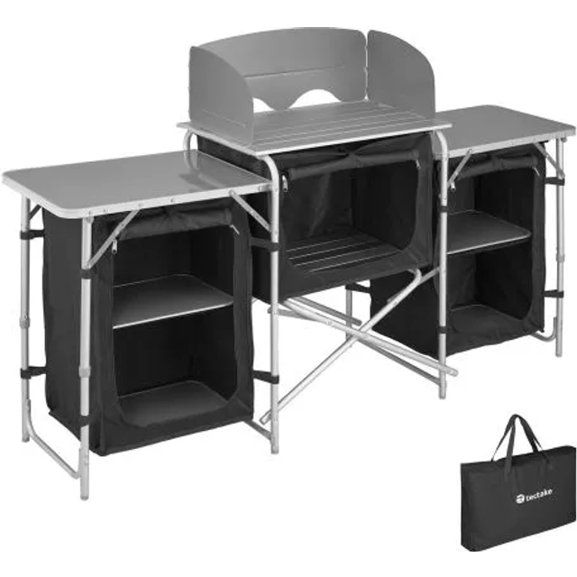 Camping Kitchen - foldable with 5 compartments, aluminium frame - black