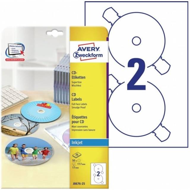 J8676-50 CD Labels (Pack of 25 Sheets, Quick Drying, Ã 117 mm 25 Sheets White)