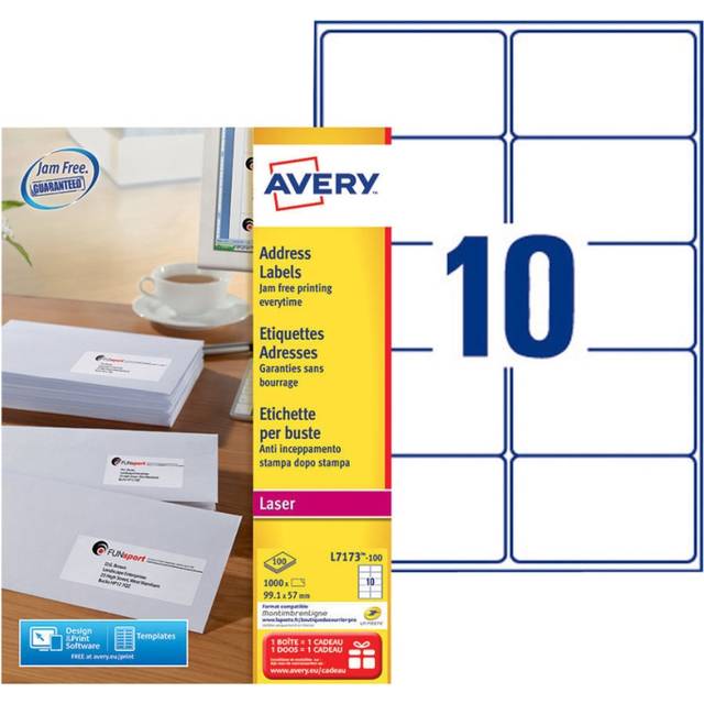Avery L7173-100 Adressetiketter, 99,1 x 57 mm, 1.000 Etiketter, Vit