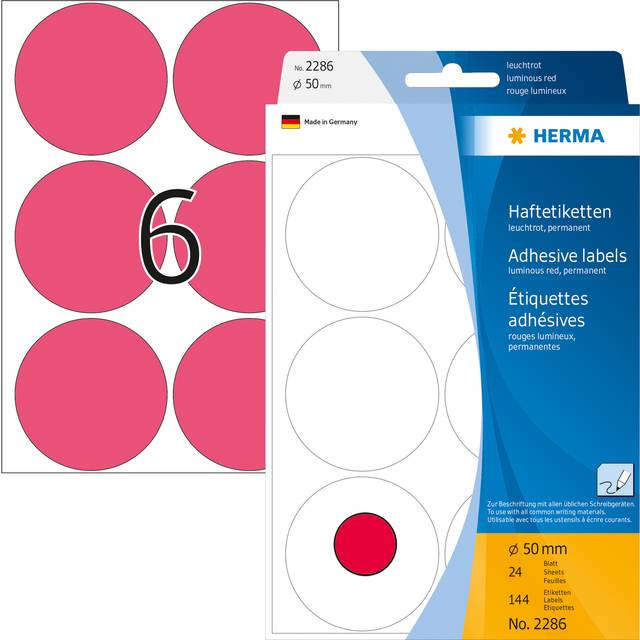 HERMA 2286 Multi-purpose labels/colour dots Ã 50 mm round luminous red paper matt hand inscription 144 pcs.