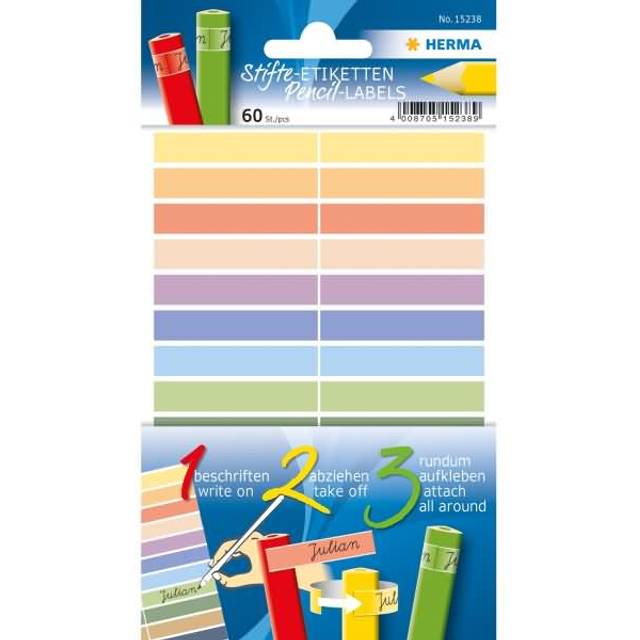 Herma 15238 permanent labels (made of paper, 10 x 46 mm, permanent self-adhesive, for children) 60 pieces, several colours