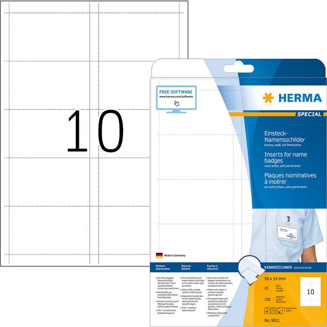 HERMA Printable Name Badge Inserts, 10 Inserts Per A4 Sheet, 250 Inserts For Laser And Inkjet Printers, 90 x 54 mm (9010)