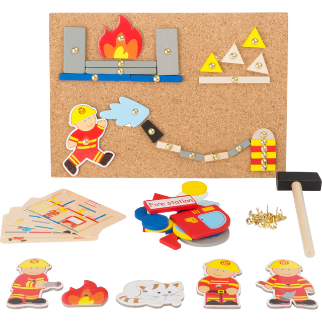 Small Foot 10581 Game on a Cork Plate with Many Wooden Motifs of The fire Brigade, incl. pins and Hammers