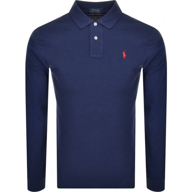 Custom Fit Polo Shirt with Long Sleeves in Cotton - Navy Blue - XL
