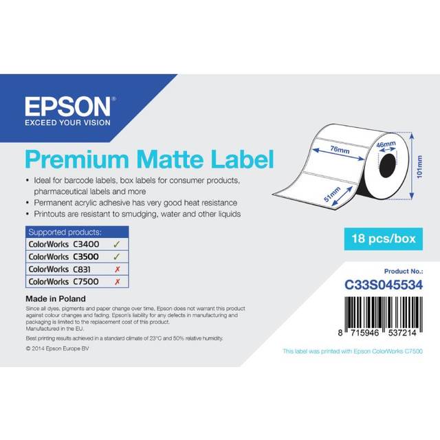 Epson Premium Matte Label - Continuous Roll 76x51mm