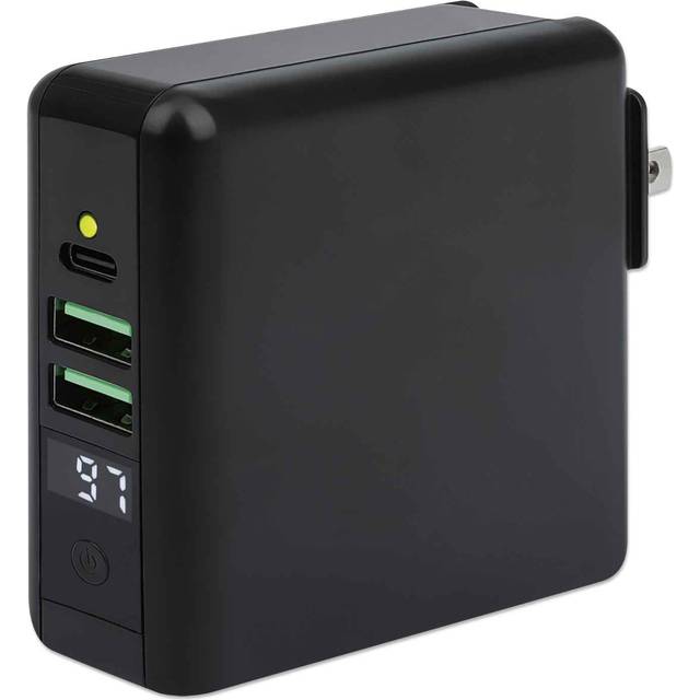 Manhattan 4-in-1 Travel Wall Charger and Powerbank 8000 mAh USA/UK/Euro 2-pin Plugs Output: 1x USB-C 2x USB-A ports and Wireless Charging Pad (5W) Black One Year Warranty