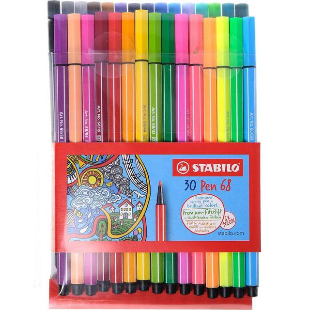 STABILO Pen 68 Felt Tip Fibre Tip Pens 1.0mm - 30 Assorted Colours in Wallet