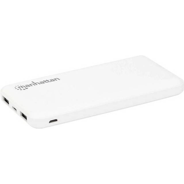 Manhattan Power Bank 10000 mAh Output: 2x USB-A (2.1A & 1A) Input: USB-C & Micro-USB (both 2A) White One Year Warranty